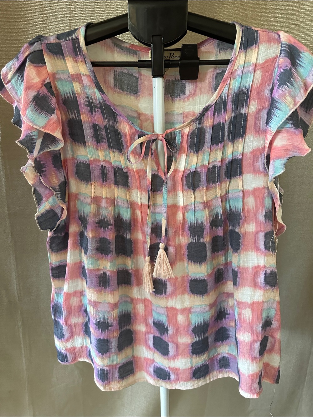 Pastel Tie-Front Ruffle Sleeve Blouse - Pink Multi
